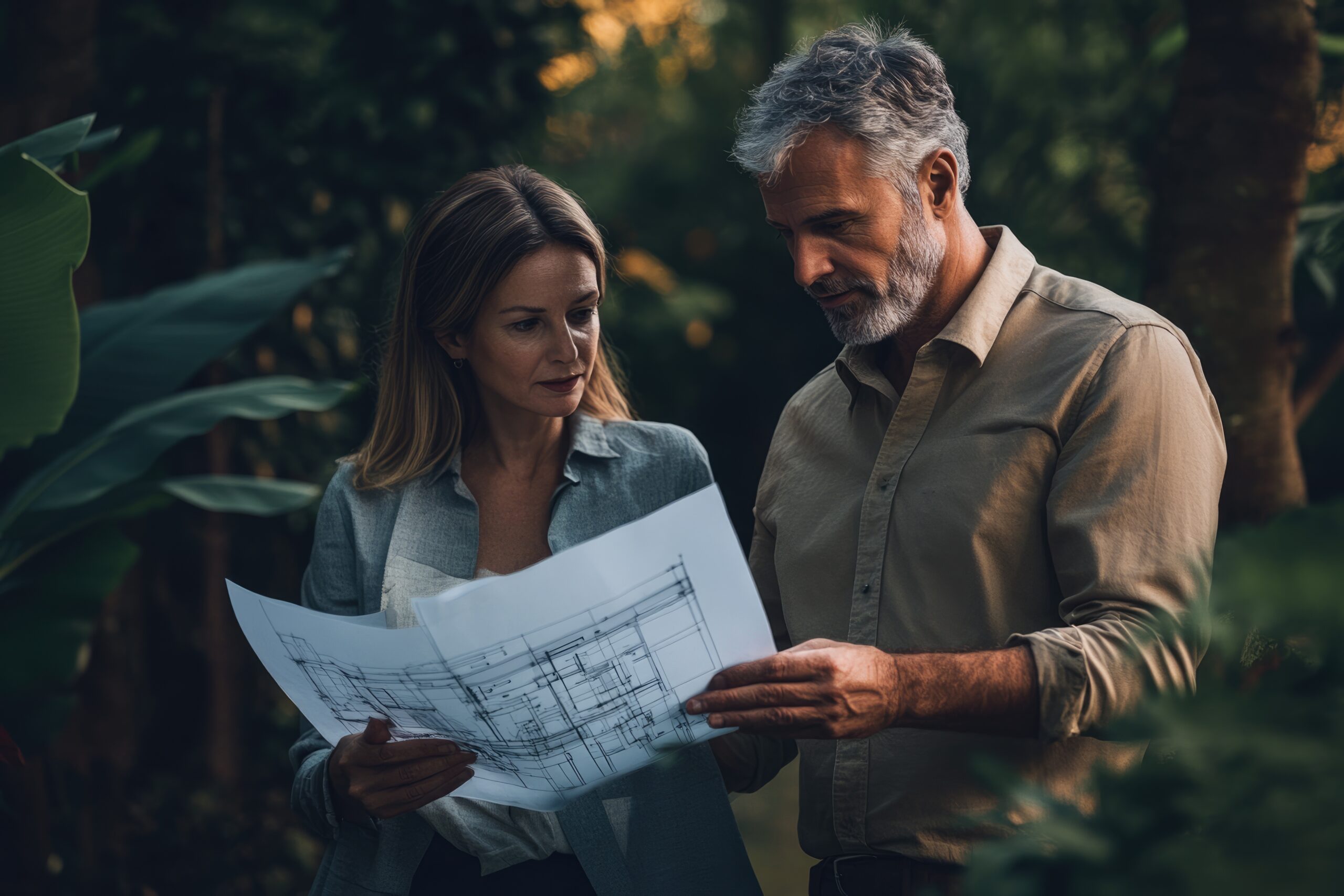 A couple reviews architectural blueprints for their dream home amidst lush greenery.
