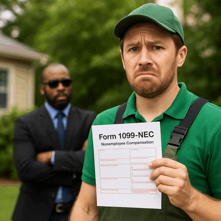 Landscaper holding a 1099 while an insurance adjuster watches suspiciously in the background