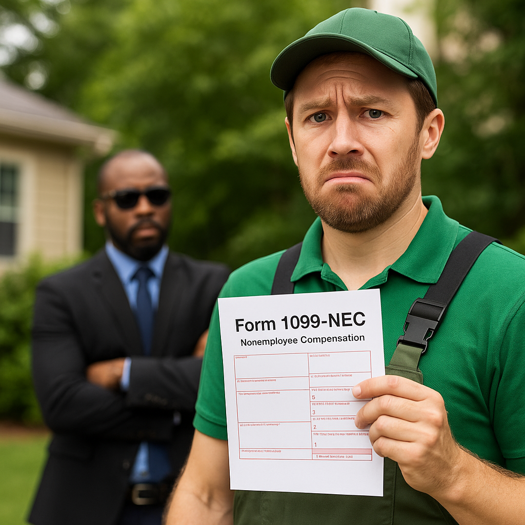 Landscaper holding a 1099 while an insurance adjuster watches suspiciously in the background
