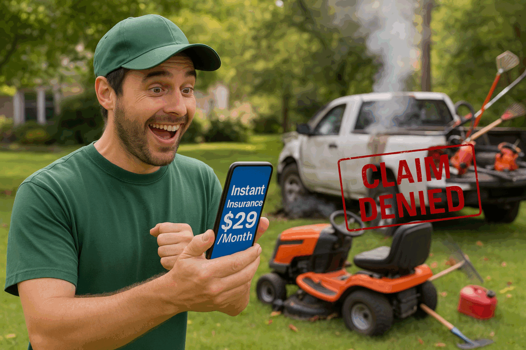 Lawn care worker excitedly looks at a cheap insurance quote on his phone while chaos unfolds behind him — including a damaged truck and spilled tools, symbolizing denied claims and inadequate coverage.