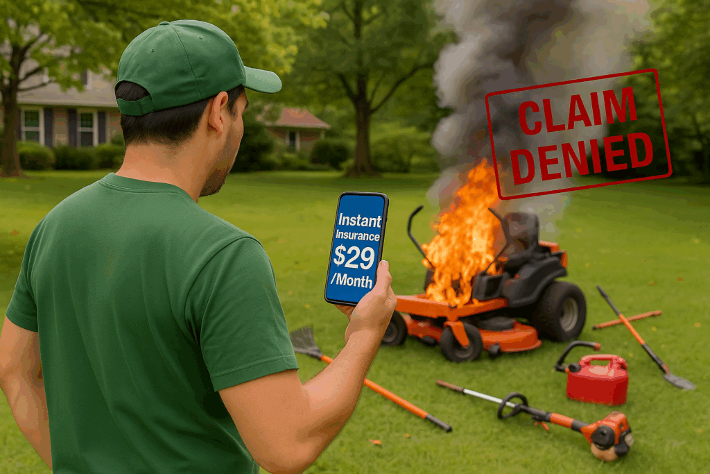 A landscaper holding a phone showing “Instant Insurance $29/Month” stands in a yard while a zero-turn mower burns in the background. A red “CLAIM DENIED” stamp is over the image.