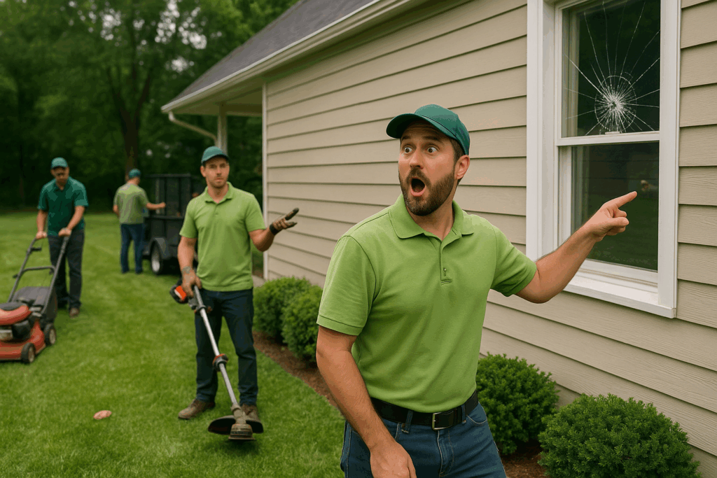 Landscaper surprised by broken window. Covered by Green Pro Insurance