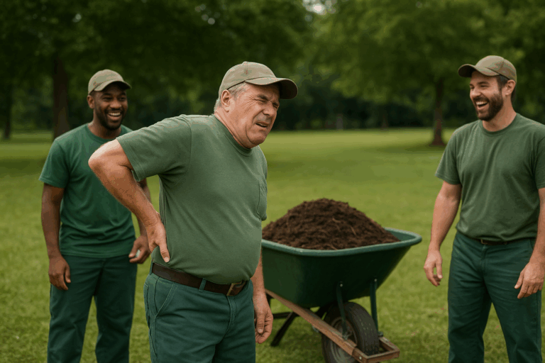 Landscaper with back pain near wheelbarrow — Workers Comp blog image for Green Pro Insurance