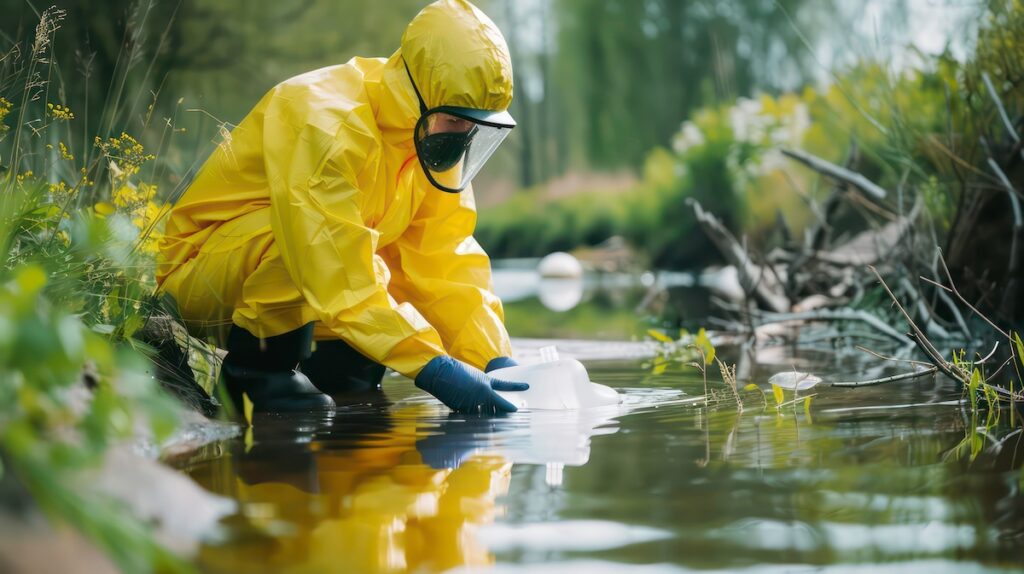 Scientist testing pond water in a hazmat suit Green Pro Insurance