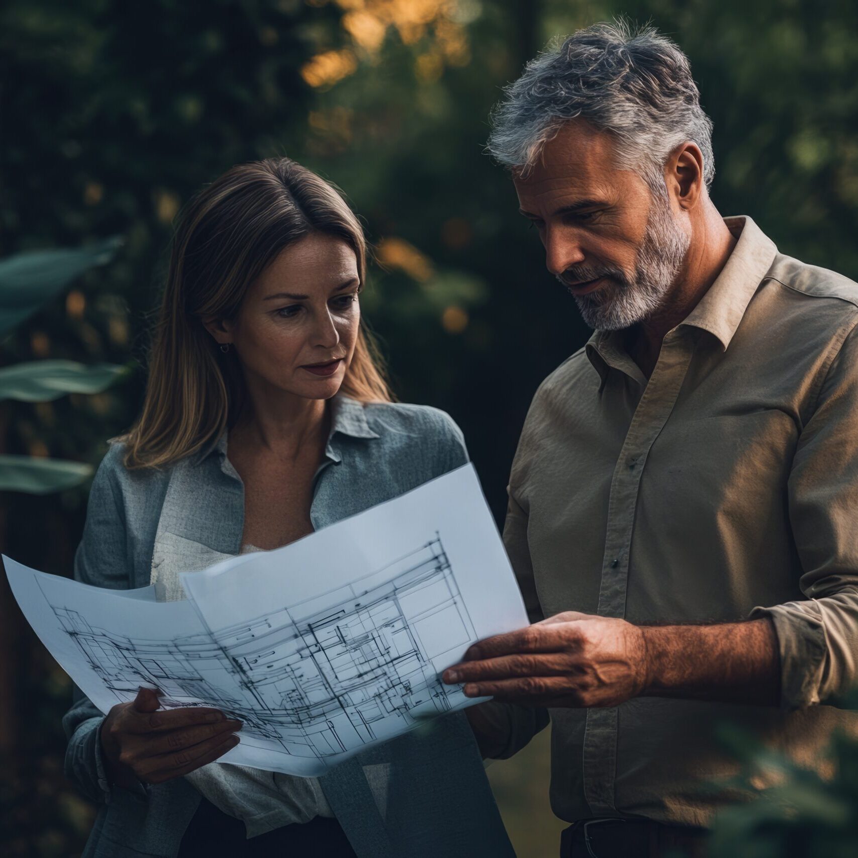 A couple reviews architectural blueprints for their dream home amidst lush greenery.
